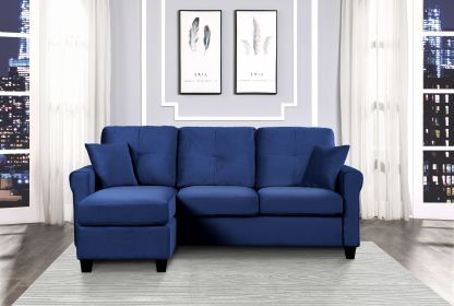 Modern Living Room Sectional Sofa Reversible Chaise with 2 Pillows Blue Velvet Upholstered Tufted Back Solid Wood Frame Furniture L-Shape Sofa