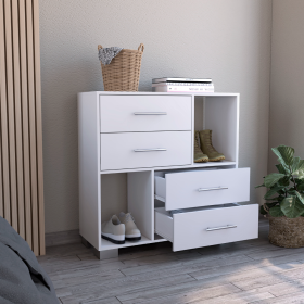 Dresser Hetzs, Four Drawers, Two Open Shelves, White Finish