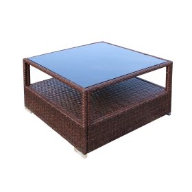 Outdoor Wicker Coffee Table with Glass top and Storage, Mixed Brown