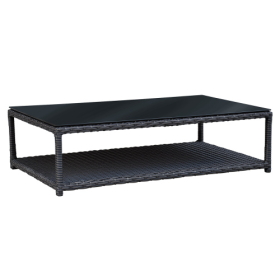 Outdoor PE Rattan Coffee Table, Glasstop Table with Double Shelf,39.4"L x 22.4"W x 19.7"H