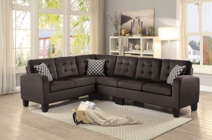 Dark Brown Reversible 4-Piece Sectional Sofa Tufted Detail Textured Fabric Upholstered Solid Wood Contemporary Living Room Furniture L-Shape Sofa Couc