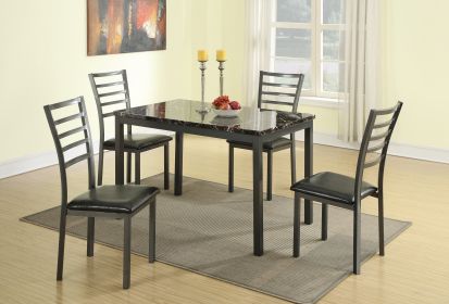 Modern Simple Dining Room Furniture 5pc Dining Set Table And 4x Chairs Faux Marble Top table Black Faux Leather Chairs