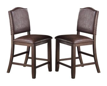 Classic Design Rustic Espresso Finish Faux Leather Set of 2pc High Chairs Dining Room Furniture Counter Height Chairs Foam Cushion Dining Room