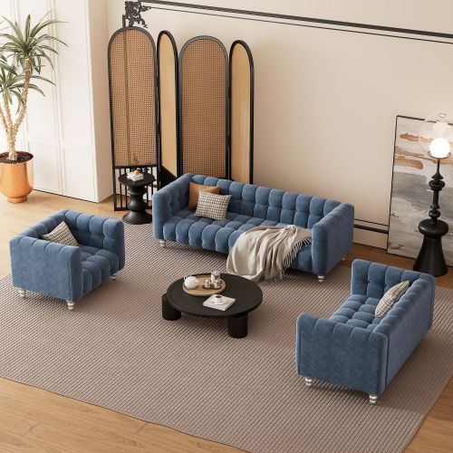 Modern 3-piece sofa set with solid wood legs, buttoned tufted backrest, Dutch fleece upholstered sofa set including three-seater sofa Modern 3-piece sofa set with solid wood legs, buttoned tufted backrest, Dutch fleece upholstered sofa set including three-seater sofa
