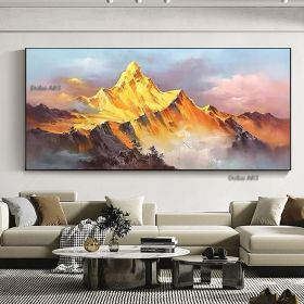 Gold Mountain Oil Painting on Canvas Original Blue Sky Painting Gold Wall Art Abstract Landscape Decor Wall Art Home Decor (size: 70x140cm)