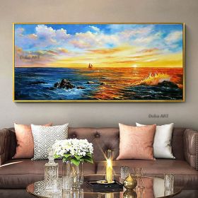 Handmade Hand Painted Wall Art On Canvas Horizontal Panoramic Abstract Modern Landscape Nightfall Sea Sky Home Living Room hallway bedroom luxurious d (size: 90x120cm)