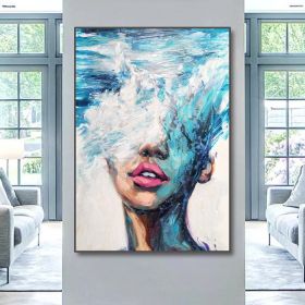 Hand Painted Oil Painting Abstract Portrait Wall Art Hand painted-Nordic Light Blue Girl Oil Paintings On Canvas-Hand Made-For Home Decoration (style: 01, size: 90x120cm)