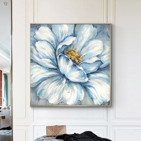 Handmade Gold Foil Abstract Oil Painting Wall Art Modern Minimalist Blue Color Flowers Canvas Home Decorative For Living Room No Frame (size: 70x70cm)