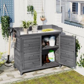 Outdoor 39" Potting Bench Table; Rustic Garden Wood Workstation Storage Cabinet Garden Shed with 2-Tier Shelves and Side Hook (Color: Grey)