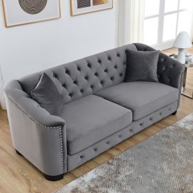 77-Inch Modern Chesterfield Velvet Sofa, 3-Seater Sofa, Upholstered Tufted Backrests with Nailhead Arms and 2 Cushions for Living Room, Bedroom (Color: as Pic)