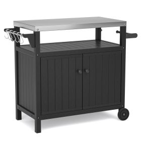 Outdoor Grilling Table with Storage,,Waterproof Outdoor Grill Cabinet,Stainless Steel Tabletop Outdoor Kitchen Island,BBQ Cart with Wheels (Color: Black)