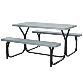 Outdoor Picnic Table Bench Set with Metal Base (Color: Gray)