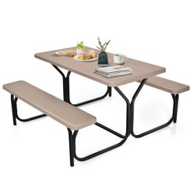 Outdoor Picnic Table Bench Set with Metal Base (Color: Coffee)