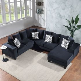 110*85" Modern U Shape Sectional Sofa, Velvet Corner Couch with Lots of Pillows Included,Elegant and functional indoor furniture for Living Room (Color: Black)