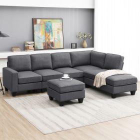 104.3*78.7" Modern L-shaped Sectional Sofa,7-seat Linen Fabric Couch Set with Chaise Lounge and Convertible Ottoman for Living Room,Apartment,Office (Color: Dark Gray)