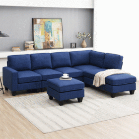 104.3*78.7" Modern L-shaped Sectional Sofa,7-seat Linen Fabric Couch Set with Chaise Lounge and Convertible Ottoman for Living Room,Apartment,Office (Color: Blue)