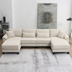 133*65" Corduroy Modular Sectional Sofa,U Shaped Couch with Armrest Bags,6 Seat Freely Combinable Sofa Bed (Color: Beige)