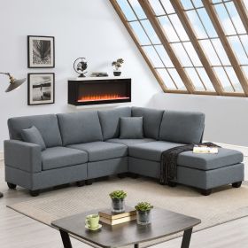 [VIDEO provided][New]89.8*60.2" Modern Sectional Sofa,5-Seat Modular Couch Set with Convertible Ottoman (Color: as Pic)