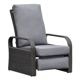 Outdoor Recliner Chair;  Automatic Adjustable Wicker Lounge Recliner Chair with 5.12'' Thicken Cushion (Color: Gray, Material: Brown Wicker)