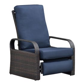 Outdoor Recliner Chair;  Automatic Adjustable Wicker Lounge Recliner Chair with 5.12'' Thicken Cushion (Color: Navy Blue, Material: Brown Wicker)